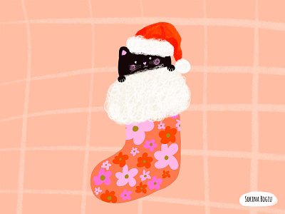 MEOWY CHRISTMAS cat christmas christmas cat cute design flowers illustration illustrator pattern photoshop pink santa hat