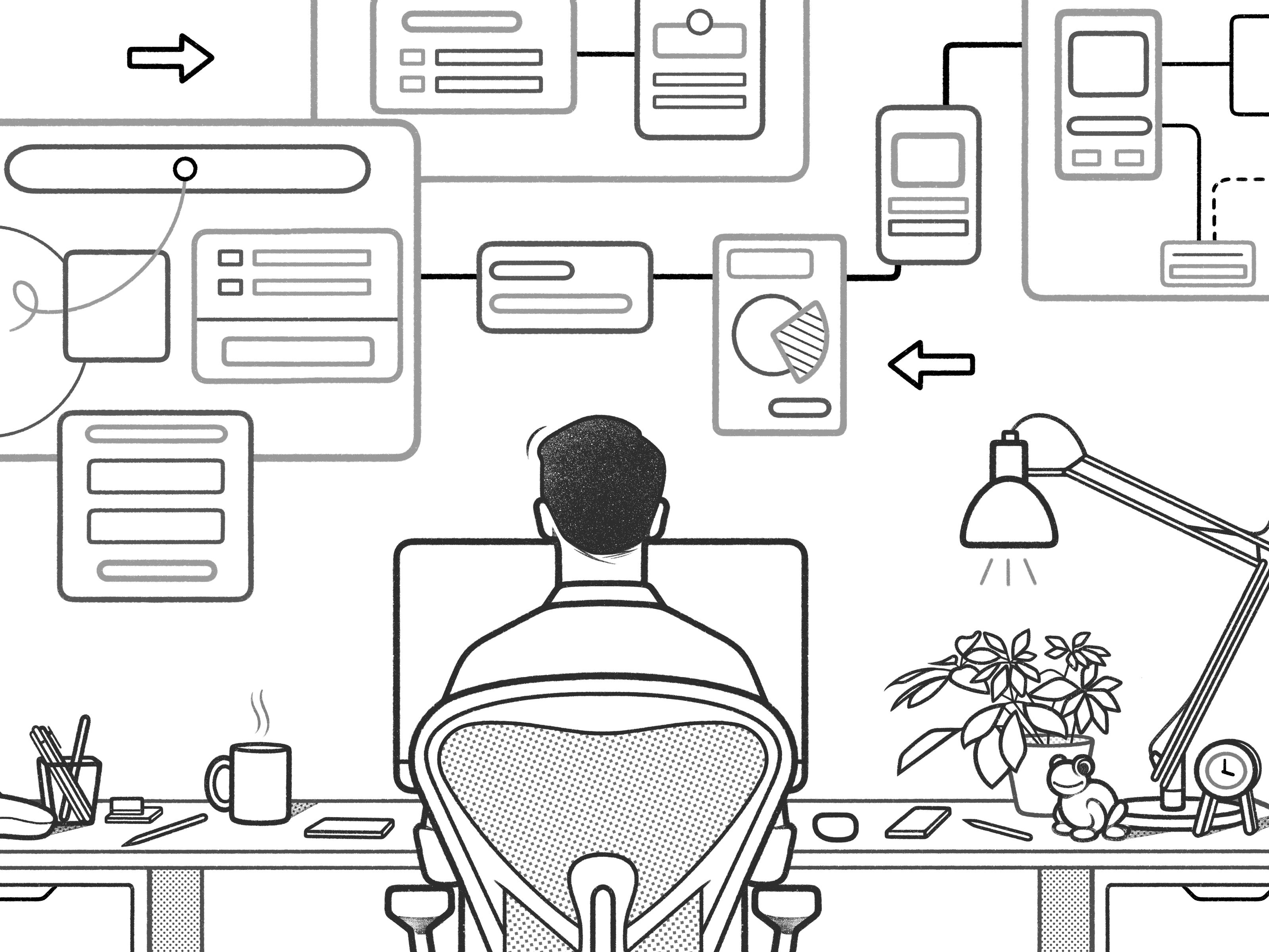 work black and white cartoon character character design comic desk details drawing home illustration line minimal monochrome product design simple ui ux web design work
