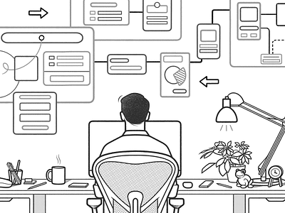 work black and white cartoon character character design comic desk details drawing home illustration line minimal monochrome product design simple ui ux web design work