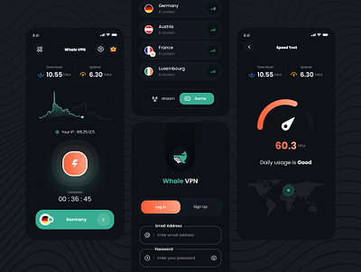 Whale VPN - VPN App Ui Kit dark erfan amade internet minimal mobile app mobile concept network proxy safe ui ui kit ux vpn app vpn concep vpn mobile app design vpnconcept