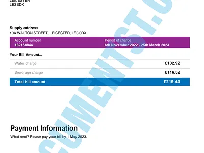 Anglian Water Bill Leicester UK bank statement credit card statement credit report id card pay stub payslip utility bill