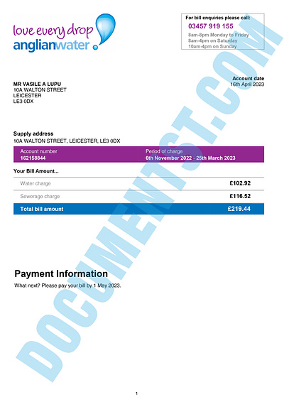 Anglian Water Bill Leicester UK bank statement credit card statement credit report id card pay stub payslip utility bill