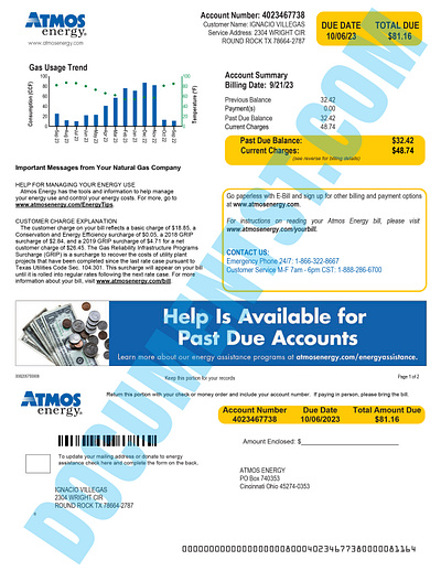 Atmos Energy Utility Bill Texas USA bank statement credit card statement credit report design id card pay stub payslip utility bill
