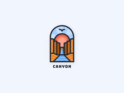 Canyon Badge badge canyon clean crest desert design environment illustration logo nature outdoors river simple stained glass sunset vector vulture waterfall wilderness