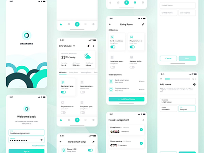 Oklahome - Collage Version Interaction Design animation app color date device home interaction lamp livingroom mobile app mockup power produk smart smarthome smartlamp temperature ui ui kit voice