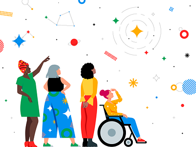 Google Polaris accessibility adobe illustrator branding design diversity empowered flat galaxy girl power illustration illustrator inclusion target team team work vector women