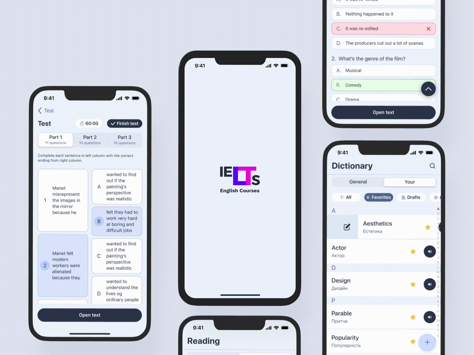 IELTS English Courses - exam preparation app animation english english exam english tutor exam preparation ielts ieltscertification ios app learning english listening mobile mobile app reading speaking students test tutor ui ux writing