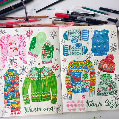 Warm and Cozy art christmas drawing fashion gouache hand drawn illustration painting sketchbook sweathers winter