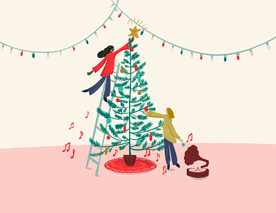 Advent Illustration 2022 advent advent book carols christmas christmas lights christmas music christmas scene christmas time christmas tree decorating music notes pink pink christmas playful playful illustration record player red sweater