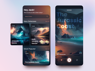 Nature Sounds App 4d ai clear design design illustration interface listening logo meditation mid journey mobile app music nature sounds player relax sleep sounds soundscape ui ux