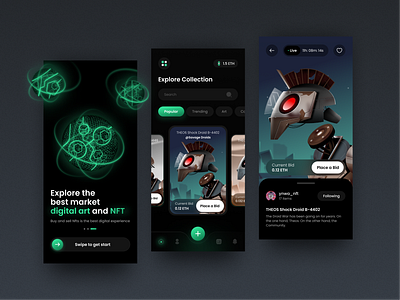 NFT Application Concept 👾 app collectionnft darkversion etherium gradient home mobile nftui trends2023 ui uidesign uitrends