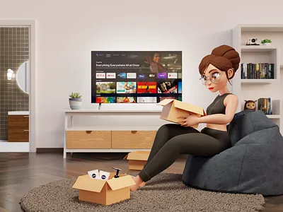 Girl Unboxing Package - 3D Illustration 3d 3d art 3d character 3d illustration 3d modeling 3d render 3d scene blender c4d cycles girl 3d illustration living room 3d octane redshift render unboxing