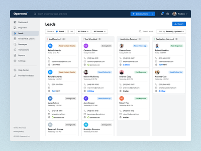 Rental PMS - Leads Kanban Board board contacts crm dashboard erp finance housing icon design kanban leasing listing pipeline property real estate resident software tenant top bar ui design web app