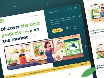 Freshbox - Grocery Landing Page Website branding design flat grocery illustration landing page ui ux vector web design