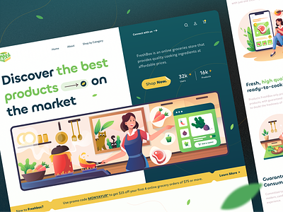 Freshbox - Grocery Landing Page Website branding design flat grocery illustration landing page ui ux vector web design