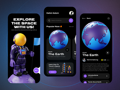 Space Learning App 3d app app design app ui earth education app learning learning app space space learning app ui ux