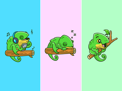 Chameleon🦎 activity animals branch chameleon cute exotic fauna green icon illustration lizard logo music nature pet predator reptile sleep tree wild