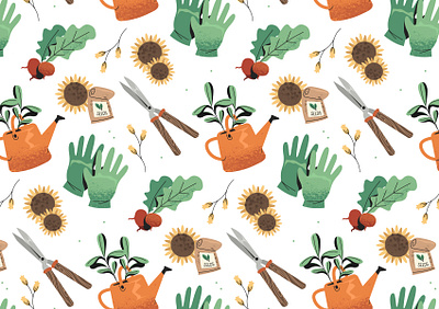 Gardening Pattern flat gardening gloves illustration nature pattern plants scissors seeds sunflower texture vector water can