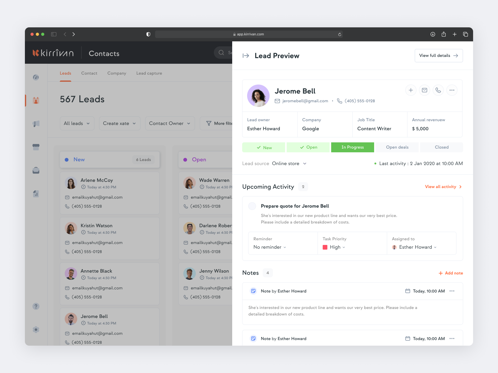 Example of Kirrivan SaaS CRM - Lead Preview
