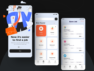 Job Finder App Design app design app development app ui employee find job hiring app illustration job application job listing job portal job search mobile app mobile design office vacancies