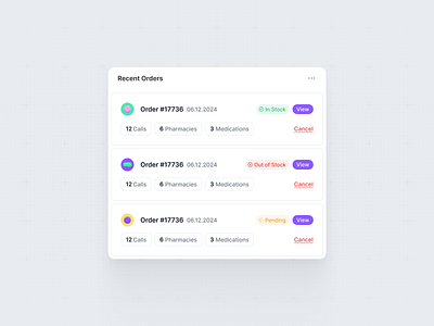 Recent Orders • Product UI adhd card clear ui flat medication minimalist modal modern product ui recent orders ui