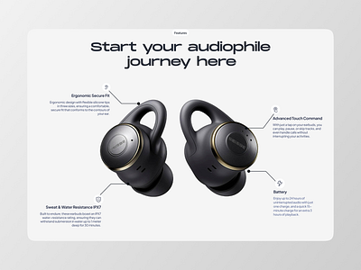 Product (earbuds) Features Section design earbuds earbuds features earbuds section earpods ecommerce product ecommerce section feature section grey color headphones hero section landing page neutral color product features product section ui ui design ux web design web ui