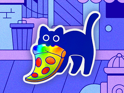 Pizza Cat Sticker City Scene brooklyn city design door fire hydrant graphic design icon illustration moon new york city night pizza sticker stickers street trash can vector wall water window