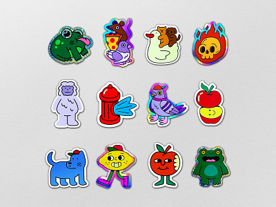 Mixed Stickers apple cat design dog duck fire fire hydrant frog graphic design holographic illustration lemon logo pigeon pizza rat skull sticker stickers yeti
