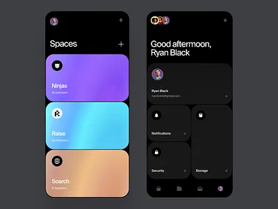 Storage app - Spaces & Profile app banking banking card black cards crypto dark gradient icons ios mobile profile settings storage ui ux