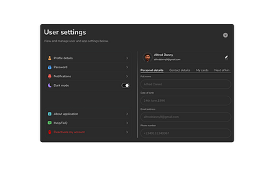 user settings page for a tab screen (dark mode) dark mode design mobile app