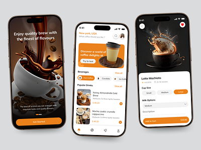 Coffee Shop Mobile App UI UX application brown chocolate coffee mobile app coffee shop dark theme ecommerce food and drink food app ice location menu mobile app order app product design restaurant splash screen store ui welcome