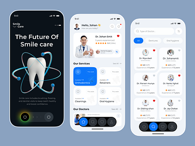 Dental Care App UI concept — SmileCare! 😁 booking clinic dental dentist healthcaretech hospital management medical records mobile mobileappdesign modernui oralhealth patient product design reschedule saas saas dental saas design teeth uiux