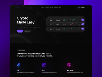 CRP - Landing Page app bitcoin chart crypto dark design desktop icons landing logo manage minimal mode money page product saas system ui ux