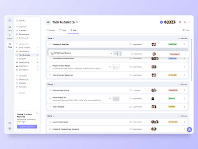 AI SaaS Dashboard – Task Management in List View ai bot ai chat ai dashboard automation dashboard ui kanban kanban list navigation product design saas saas dashboard side bar task manager tasks tasks list to do list web app