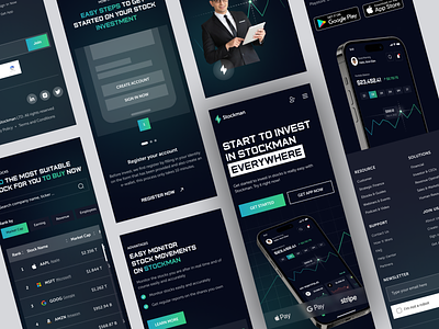 Stockman - Stock Investment Responsive Landing Page appdesign clean dark mode futuristic investment landing page mobile website popular responsive responsive landing page responsive layout saas landing page stock stock investment ui uiux web design web responsive website website responsive