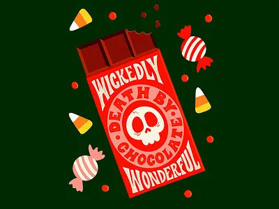 Hallowen-themed Chocolate Bar Illustration art arwork bold colors candy chocolate bar chocolate bar design dark green dark green background design digital illustration halloween illustration packaging red stylized typography sweets typography vintage halloween style whimsical imagery wickedly wonderful