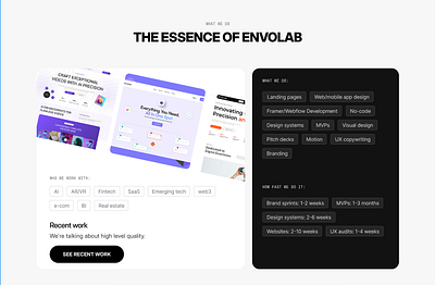 What we do section For ENVOLAB agency animation branding framer graphic design ui uiux web