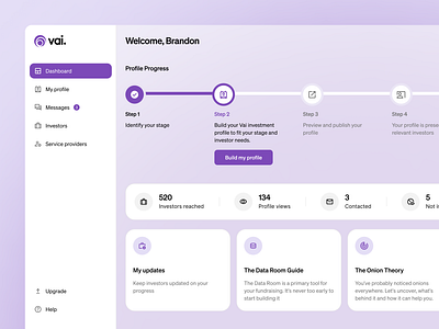 Investor Ecosystem Dashboard cards components dashboard figma investors navigation product profile progress purple startups stepper ui ux