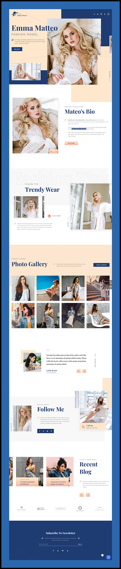 Fashion Model Portfolio Landing Page elegant fashion design fashion model website model portfolio landing page personal branding site social media branding trendy style blog ui