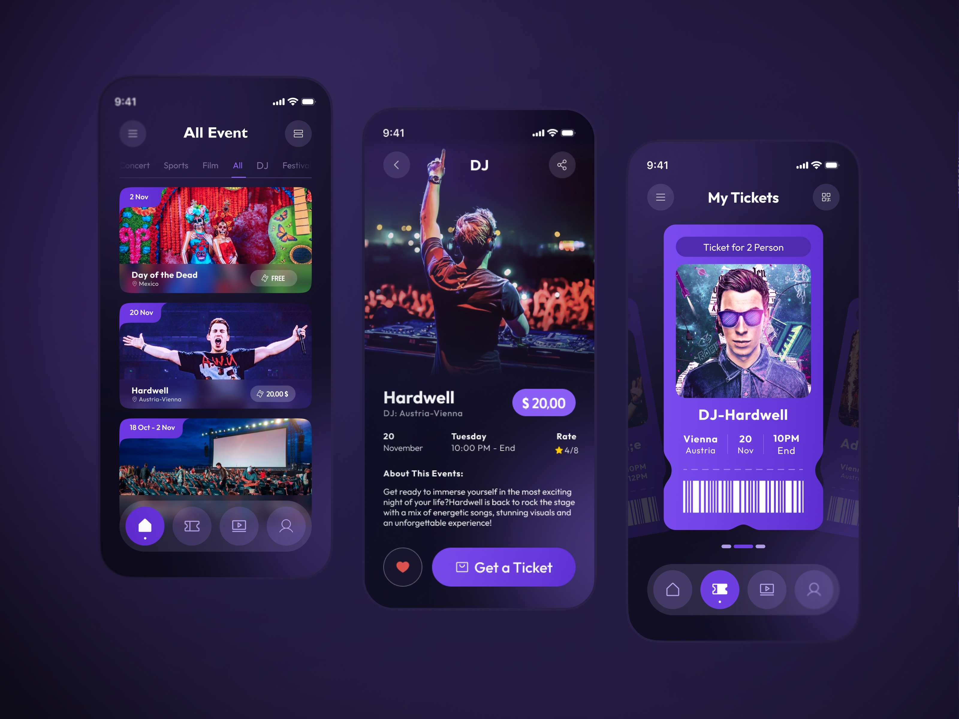 Event Concert Mobile App app application booking clean concert dark design dj event festival film mobile music terend ticket ui uiux ux