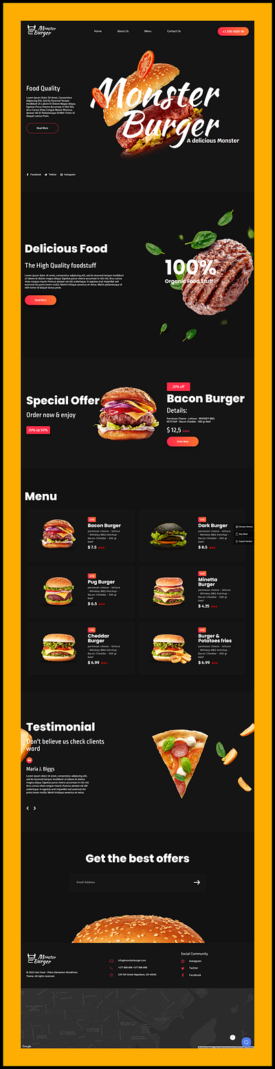 Burger Restaurant Landing Page branding burger restaurant website dark mode food ui fast food landing page gourmet burger shop graphic design modern food business ui