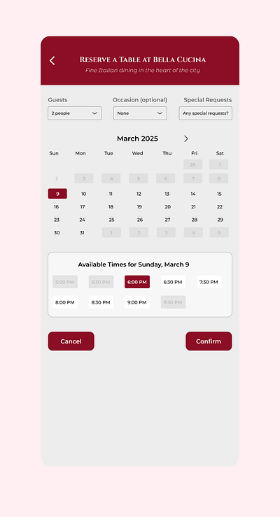 Calendar (Restaurant Reservation) #DailyUI app branding design graphic design illustration logo typography ui ux vector