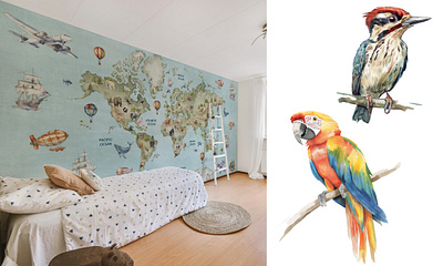 Watercolor Animal Illustrated Map of the World adventure map animal children illustration childrens room creative map design educational illustration graphic design hand drawn illustration interior design photomural wall mural wallcoverings wallpaper watercolor illustration