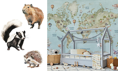 Watercolor Animal Illustrated Map of the World adventure map animal children illustration childrens room creative map design educational illustration graphic design hand drawn illustration interior design map illustration photo mural wall mural wallpaper watercolor illustration world map