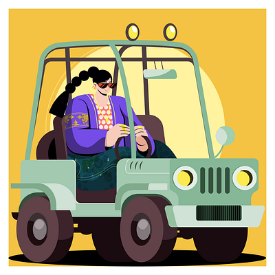 A woman driving a jeep artwork character design digital art digital illustration flat vector girl driving graphic design illustration jeep illustration vector visual art