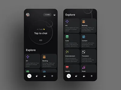 AI Chat & Explore — Conceptual Mobile App UI ai branding ui