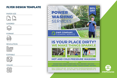 Pressure Cleaning and Power Washing Flyer Template business cleaning corporate design dirty flyer food illustration labor leaflet place poster power pressure services washing work