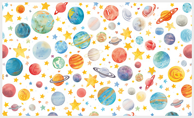 Watercolor Cosmic Pattern – Planets, Stars & Space Magic children illustration childrens room cosmic design graphic design hand drawn illustration pattern planet seamless pattern space space illustration stars surface pattern wall mural wallpaper watercolor watercolor illustration