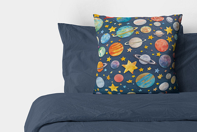 Watercolor Space Pattern – Planets, Stars & Cosmic Elements children illustration childrens room cosmic cushion decorative pillows design graphic design hand drawn home decor illustration interior design planet seamless pattern space stars surface pattern textile wallpaper watercolor illustration