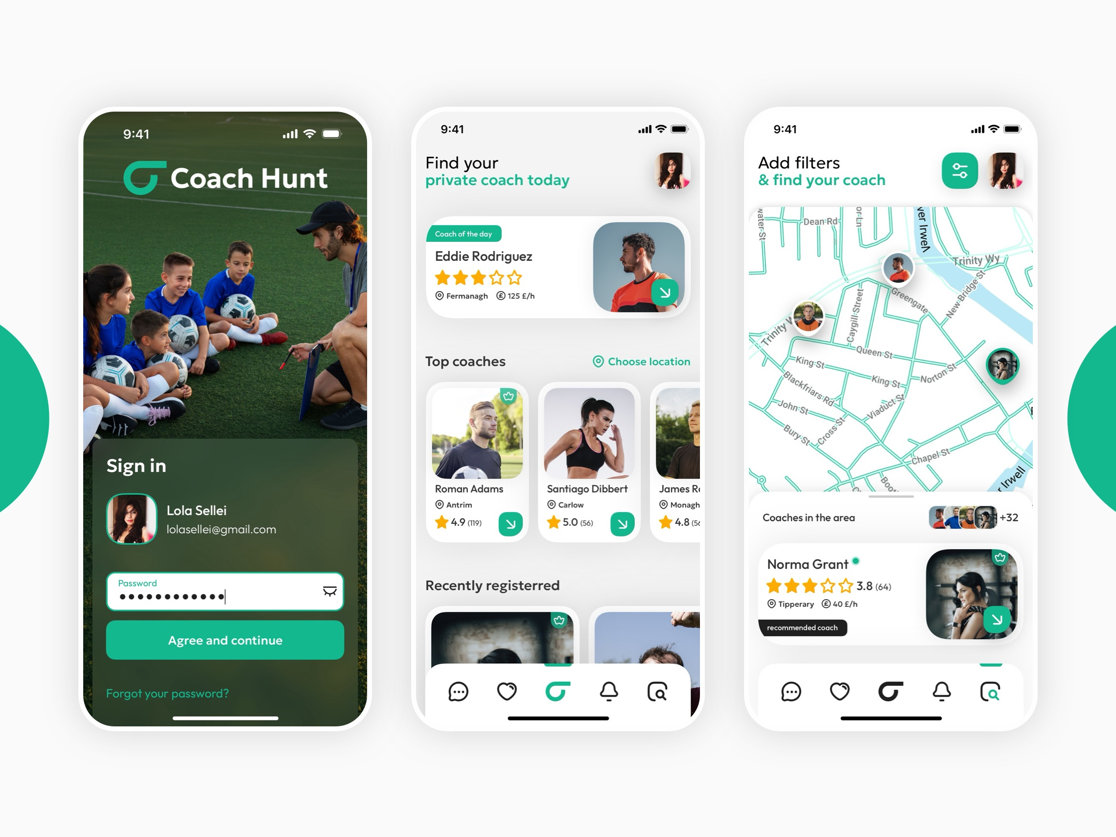 Coach Hunt • UI/UX Design • application coach coach app coach application coach hunt football green green app green application sketch soccer soccer coach train training ui ux